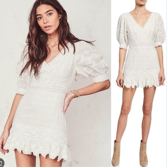Loveshackfancy Lena White V-Neck Mini Dress w/ Embroidery - Picture 1 of 11